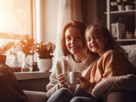 Una madre y su hija están sentadas en un sofá ambas sosteniendo una