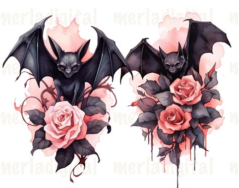 Watercolor Gothic Bat Halloween Clipart Dark Fantasy Watercolor Bat Flower PNG Goth Roses Bats ...