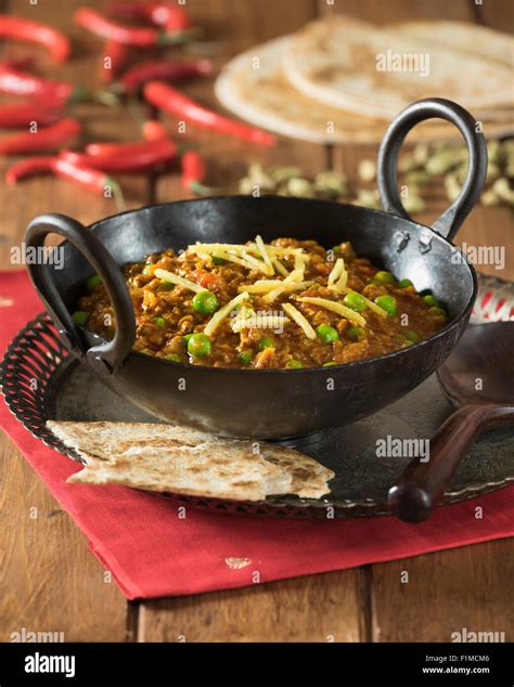 Keema Curry Spicy Minced Lamb In Karahi Cooking Pot India Food Stock