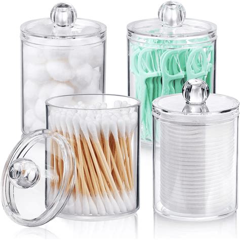 4 Pack Qtip Holder Dispenser With Lids Clear Plastic Bathroom