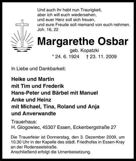 Traueranzeigen Von Margarethe Osbar Trauer In Nrw De