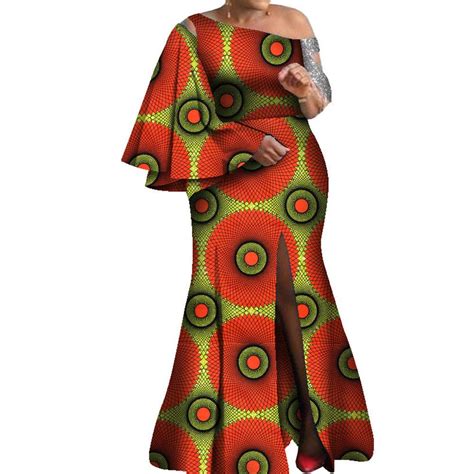 Bintarealwax African Flared Ruffled Sleeves Maxi Dress For Women