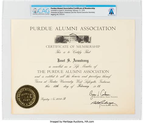 Purdue University: Janet Armstrong's Alumni Association Certificate | Lot #50407 | Heritage Auctions