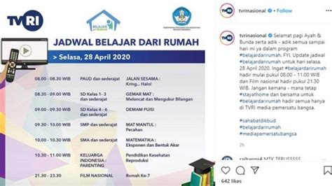 Jadwal Tayangan Tvri Belajar Dari Rumah Edisi Selasa April