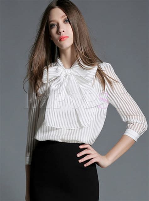 Tops Blouses Stylish Striped Bowknot Perspective Chiffon Blouse