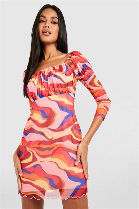 Abstract Print Mesh Mini Dress Boohoo Uk