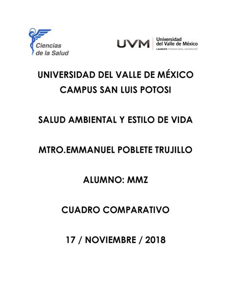 Actividad 15 Cuadro Comparativo Universidad Del Valle De MÉxico Campus San Luis Potosi Salud