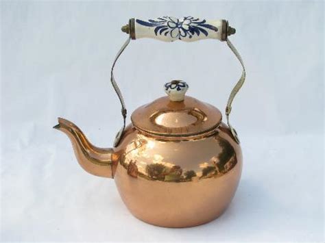 vintage copper kitchen tea kettles, teapot lot of two