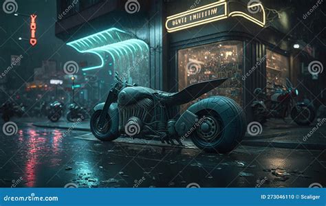 Parked Futuristic Bike In Cyberpunk City Sports Motorcycle Generative