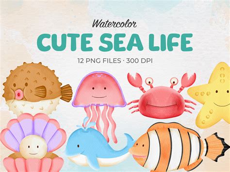 Watercolor Cute Sea Life Animal Clipart Graphic by Baddesigner ...