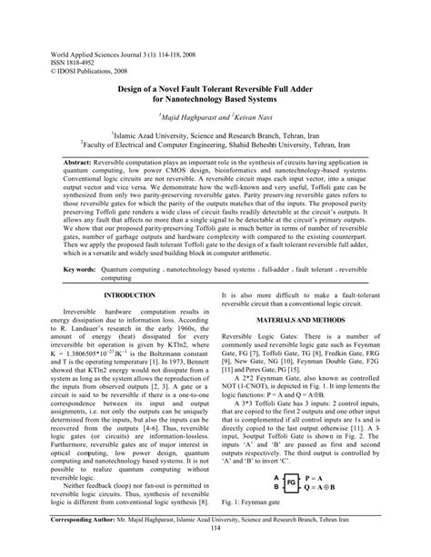 PDF Design Of A Novel Fault Tolerant Reversible Full Adder For