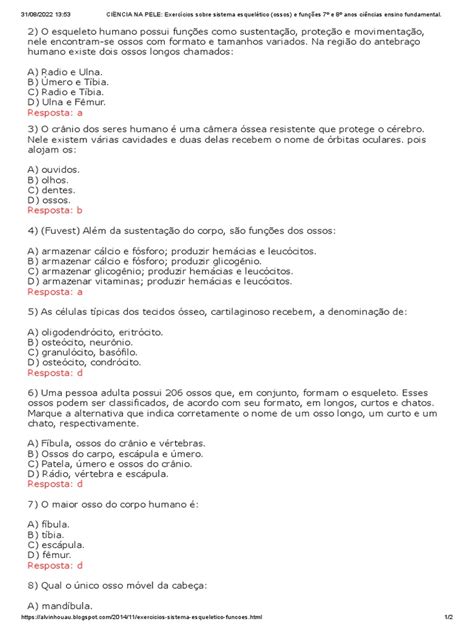 Questões Sobre Sistema Esquelético Pdf - Exercícios sobre Sistema Esquelético | PDF | Osso | Esqueleto