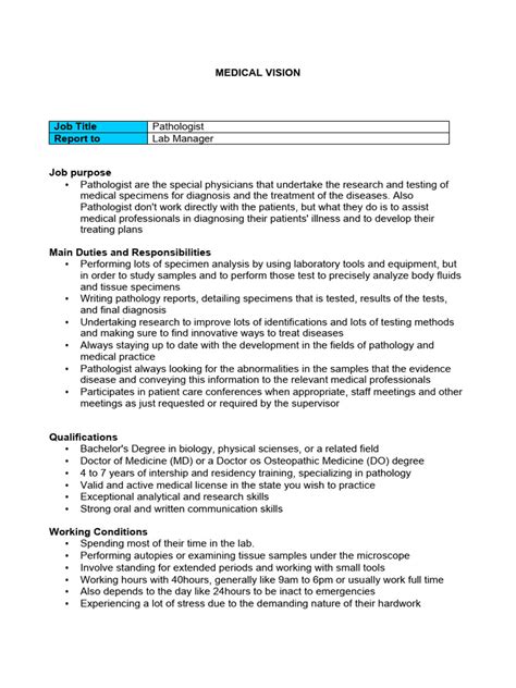 Job Description Pathologist | PDF | Pathology | Medical Laboratory