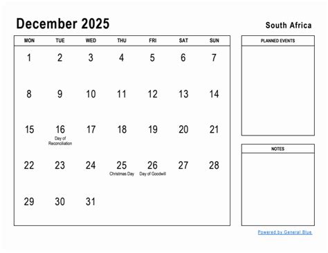 December 2025 Planner With South Africa Holidays