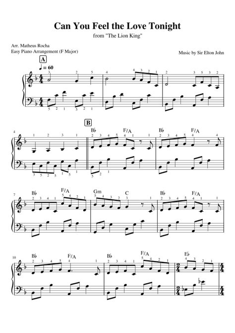 Can You Feel The Love Tonight Arr Matheus Rocha By Elton John Sheet Music For Easy Piano At