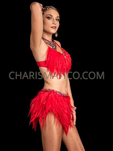 Fiery Red Samba Dancers Feather Bra And Skirt Set