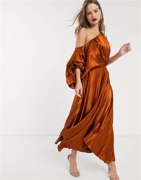 Asos Edition Blouson One Shoulder Dress In Satin Asos Copper Dress Rust Color Dress Asos