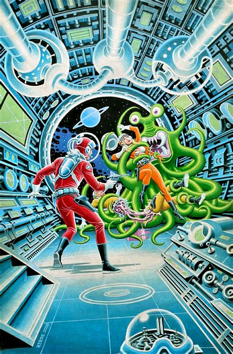 Huge Ec Feldstein Homage Space Monster Battle Painting Comic Art For