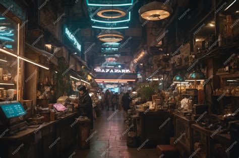 Premium Ai Image Futuristic Bazaar Cyberpunk Metaverse Street Background