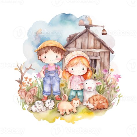 Cute Kids On The Farm Watercolor Art 23957995 Png