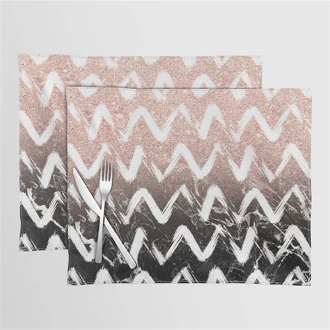 Modern Faux Rose Gold Glitter Black Marble Chevron Placemat By Girly