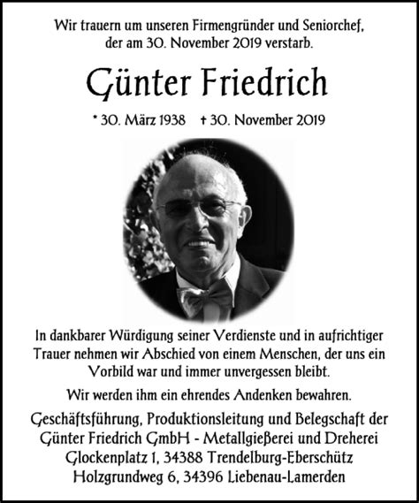 Traueranzeigen von Günter Friedrich Harztrauer de