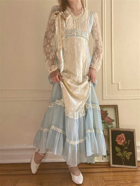 1970s Light Blue Cotton Gauze White Lace Tiered Prair Gem