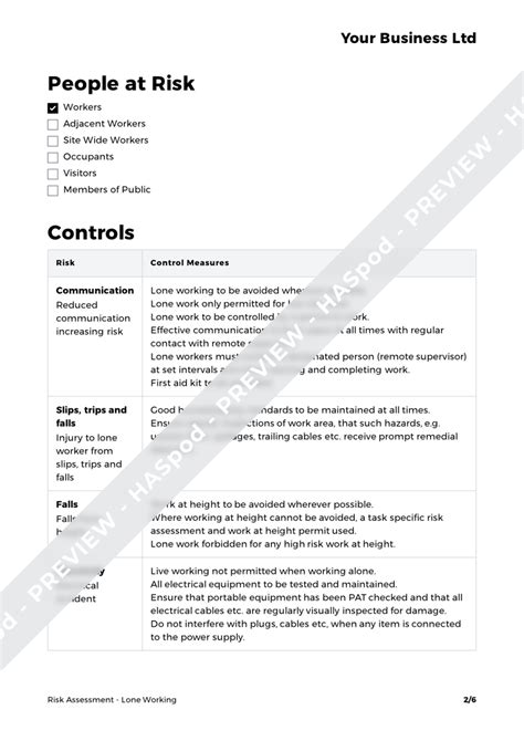 Lone Working Risk Assessment Template Haspod