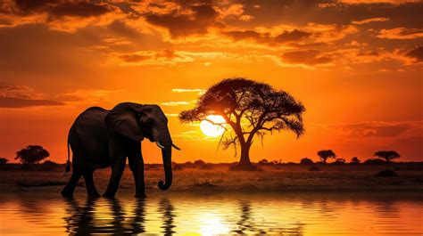 Silhouetted African Elephant during Botswana safari at African sunset ...