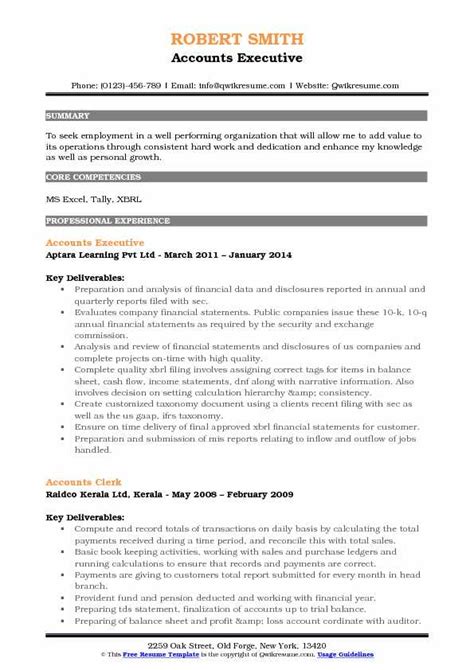 Accounts Executive Resume Samples Qwikresume