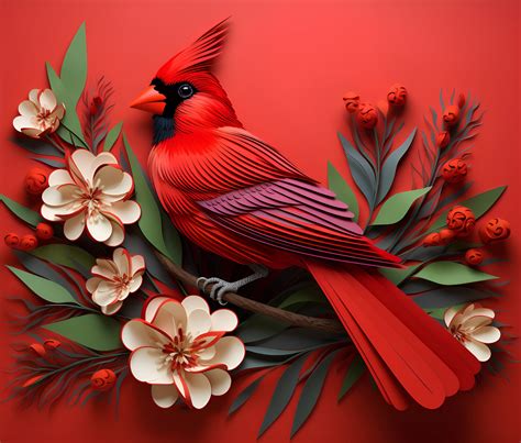 3d Red Cardinal Bird With Flowers Quill Paper Art Style - Etsy