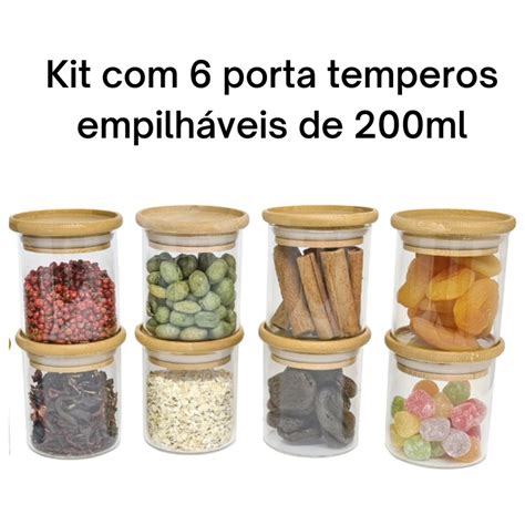 Kit 6 Porta Temperos Condimento Organizador Vedação Hermético Tampa