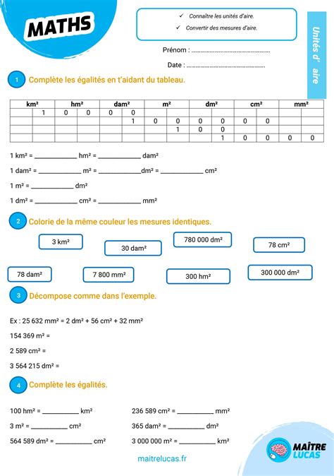 Exercices convertir des aires CM1 CM2 Maître Lucas