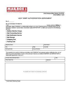 Fillable Online ACH DEBIT AUTHORIZATION AGREEMENT Mailbox 1 Fax