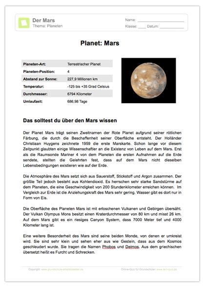 Arbeitsblatt Lesetext Planet Mars Planet Planeten Weltall