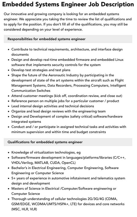 Embedded Systems Engineer Job Description | Velvet Jobs