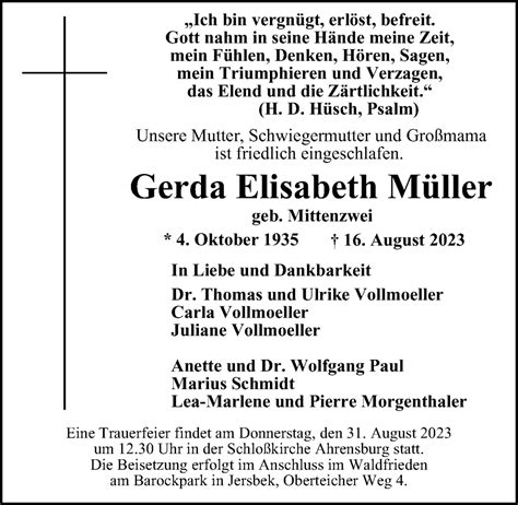 Traueranzeigen Von Gerda Elisabeth M Ller Hamburgertrauer De