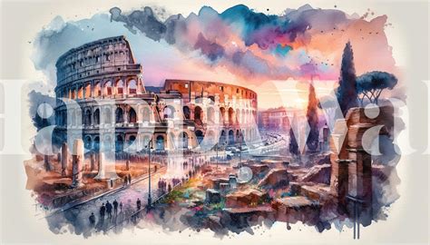 Watercolor Rome Colosseum wallpaper | Happywall