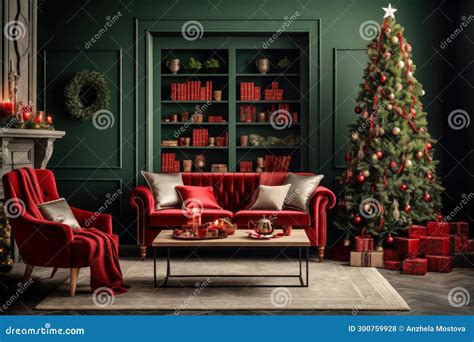 Interior Of Cozy Living Room Decorated In Christmas Style In Red And