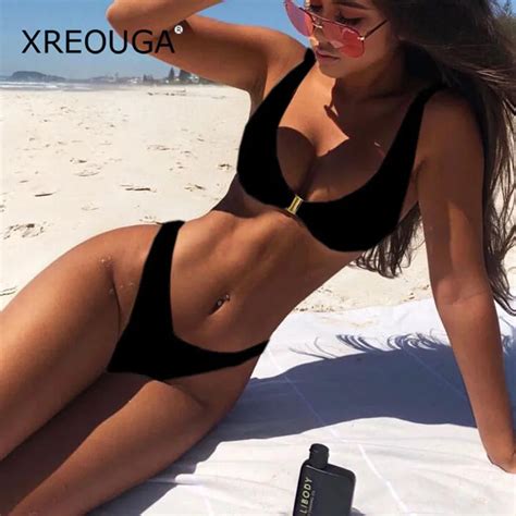 Xreouga Push Up White Bikini Set Thong Swim Wear Women Front Lock Black