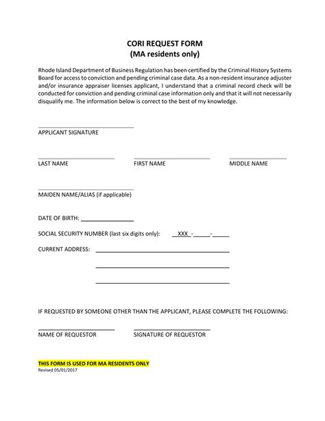 Rhode Island Cori Request Form Ma Residents Only Fill Out Sign