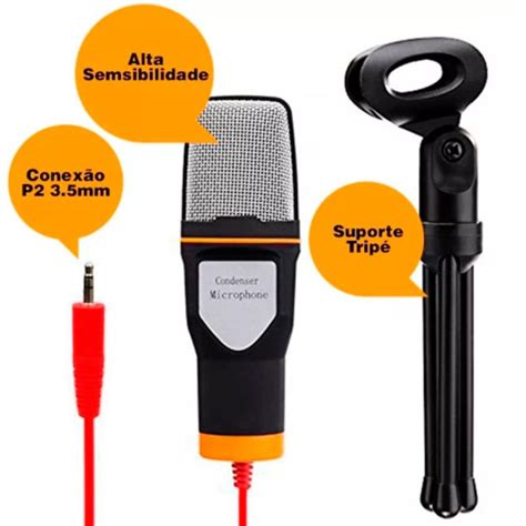 Microfone Condensador Tripe Para Gravação Profissional Para Pc E