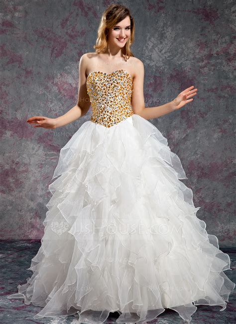 Ball Gown Sweetheart Floor Length Organza Prom Dresses With Beading