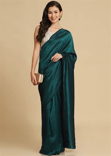 Green Satin Plain Saree With Blouse Saree Sr