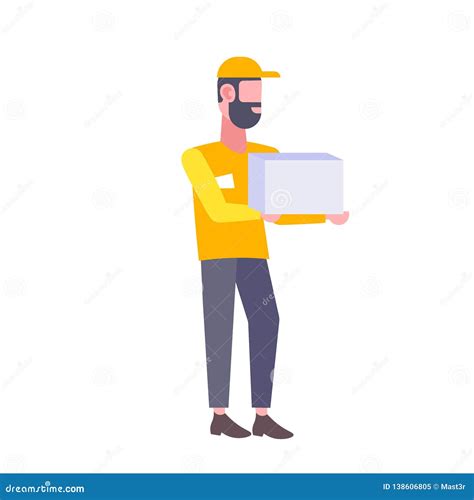 Bearded Postman Man Holding Cardboard Box Man Courier In Uniform