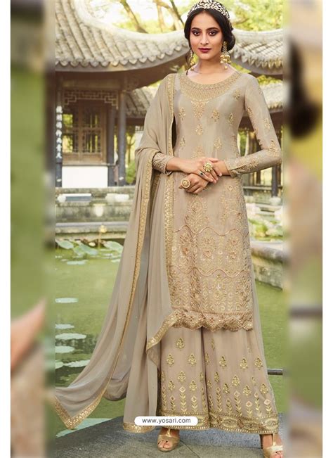 Buy Beige Chinon Latest Party Wear Palazzo Suit Palazzo Salwar Suits