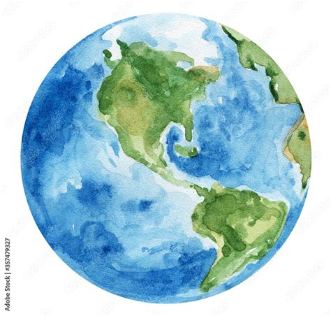 Watercolor Hand Painted Planet Earth On White Background Save The