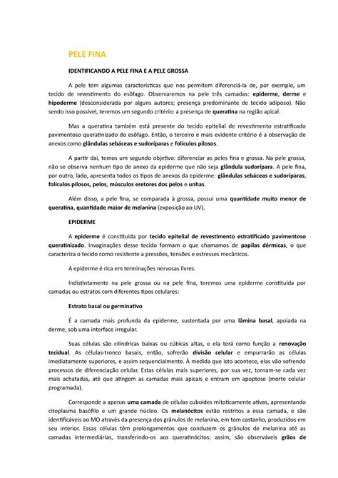 Histologia Da Pele Fina Pele Fina Identificando A Pele Fina E A