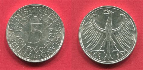 Deutschland BRD 5 Mark Kursmünze 1960 D Silberadler unc MA Shops