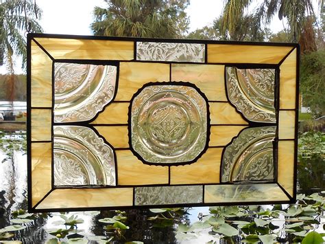 Custom Made Stained Glass Plate Panel 1930s Depression Glass Madrid Window Treatment By